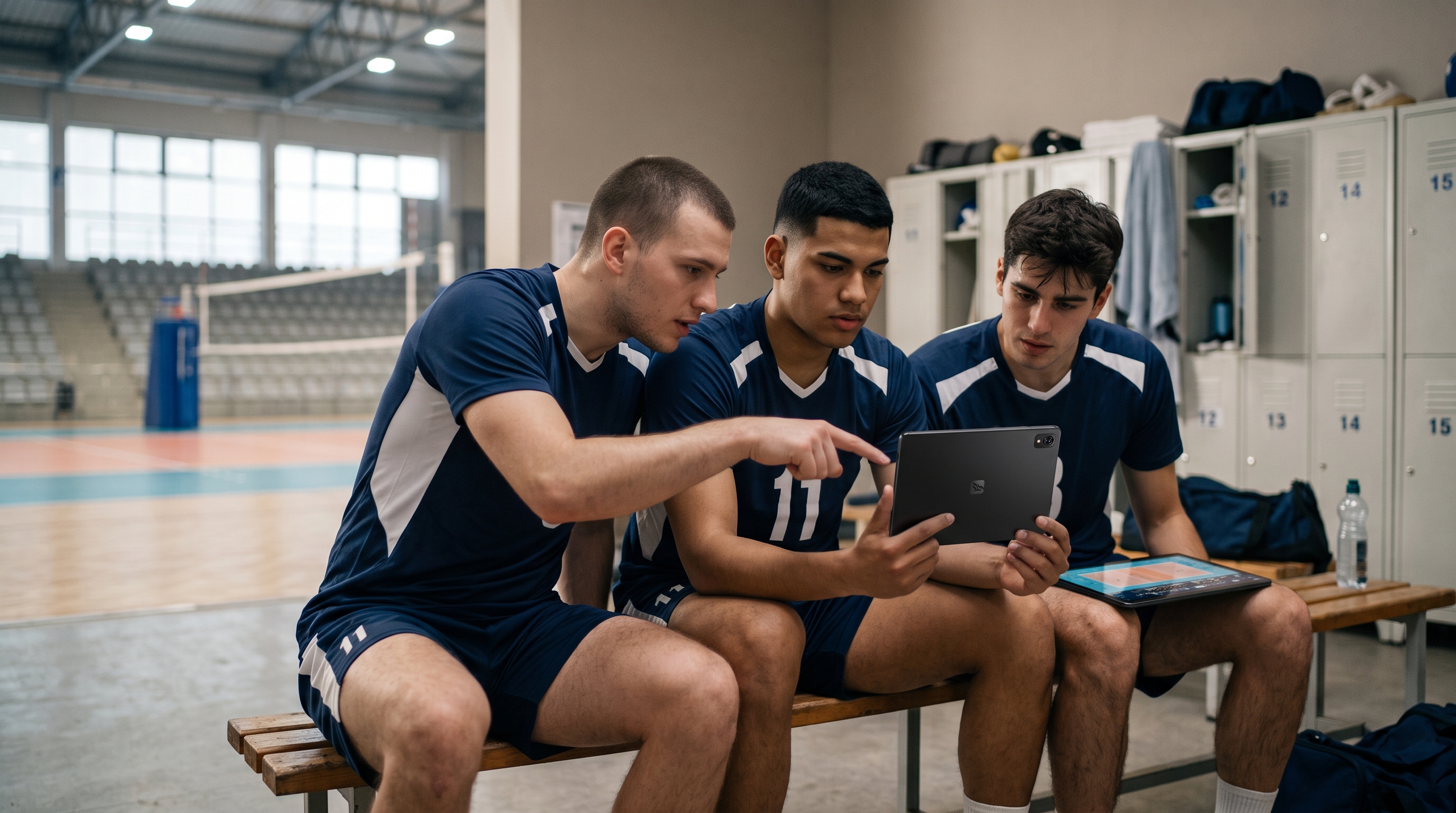 Three volleyball players sitting on a bench, reviewing coded match footage together on a tablet
