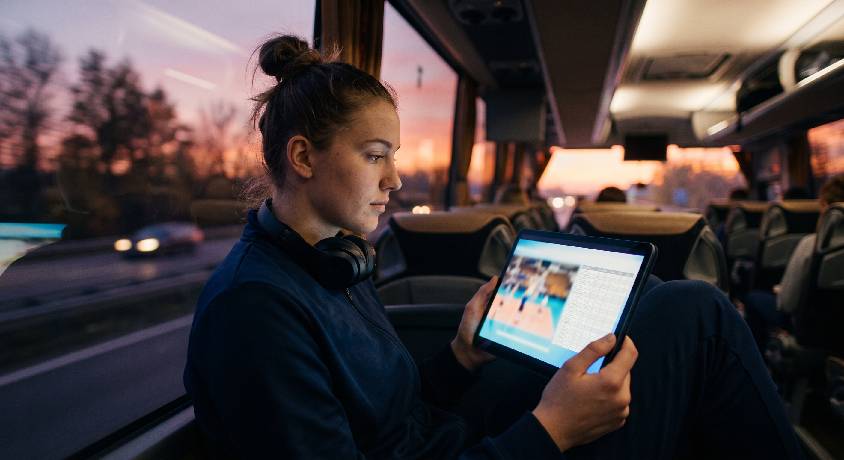A player reviewing her match on a tablet on the team bus at dusk